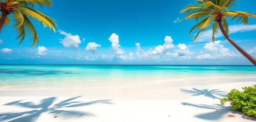 Obraz premium White sand beach, turquoise water, palm trees swaying gently in tropical breeze, vibrant, exotic