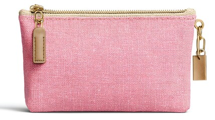 Pink canvas zippered pouch with decorative accents.