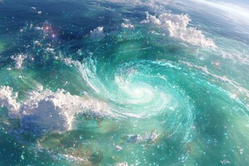 Obraz premium Majestic Cosmic Swirl over an Ethereal Ocean Surface with Twinkling Stars and Billowing Clouds Capturing the Beauty of the Universe and Nature’s Majesty