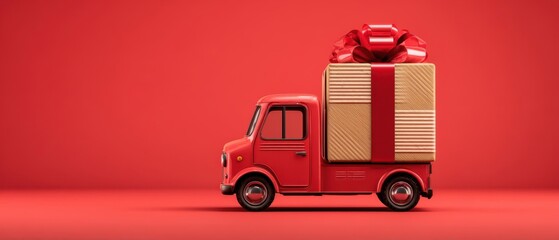 The cheerful red truck carrying a festive gift with a big bow.