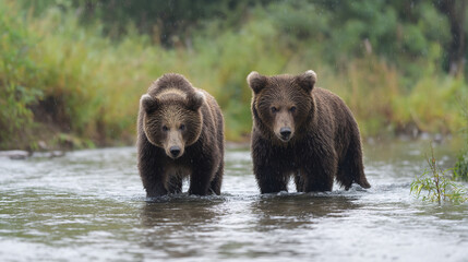Fototapeta premium Two brown bears wading through a shallow river with green vegetation in the background outdoors in nature