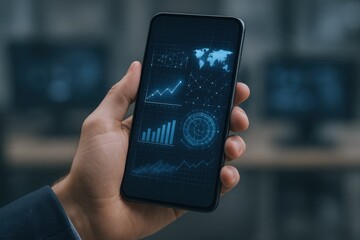 Modern smartphone displaying digital analytics with world map and growth charts for business and technology data visualization