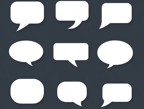 Vector Flat Speech Bubbles Icon Set: White Outline Text Boxes on Dark Grey Background, Minimalist UI Elements for Chat Apps and Web Design