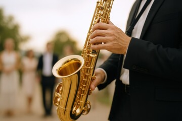 Naklejka premium Elegant male musician in formal suit playing a shiny gold saxophone outdoors at a lively social gathe or outdoor concert with blurred background