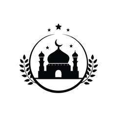 A black silhouette of a mosque is framed with stars and laurel wreath isolated