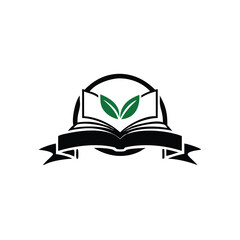An open book with green leaves inside is framed by a ribbon below