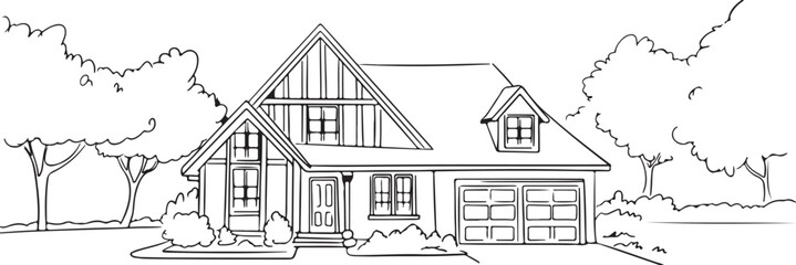 Fototapeta premium black and white outline of a residential property with garage windows door and surrounding trees ideal for architecture