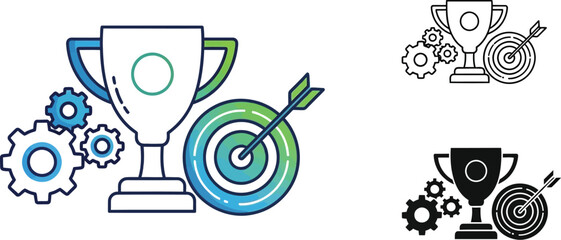 Obraz premium Achievement and success vector illustration with trophy target and gears icon