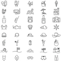Summer vacation beach travel holiday ice cream surfboard snorkel hat drink shell umbrella swimsuit icon vector illustration set.