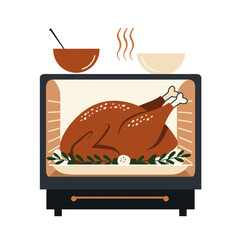 Roasted turkey in oven with bowls ready for serving  for Thanksgiving