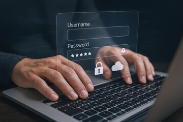 Close-up of person typing on laptop with virtual login interface displaying username and password fields with security icons and cloud storage symbols