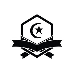 Muslim symbol with star and crescent moon over book and ribbon shines brightly