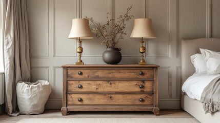A cozy bedroom with a wooden chest and lamps