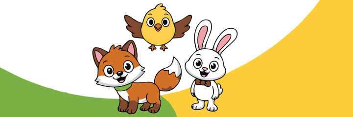 cute cartoon animal trio vector illustration of fox rabbit and bird on abstract background - ai eps jpeg png