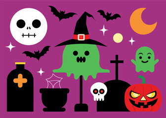 Flat Vector Halloween Illustration with an Elephant Character Featuring Traditional Halloween Elements and a Playful Modern Design Style