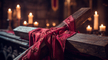 Feast of the Exaltation of the Holy Cross, Close-up of wooden cross draped in red cloth, placed on church altar with candles