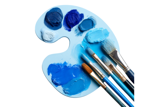 Artist paintbrushes and palette isolated on transparent background	