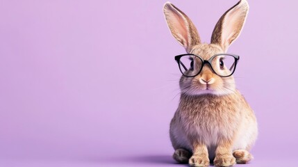 Adorable bunny rabbit wearing round glasses sitting against a vibrant violet purple background, cute domestic pet portrait with humorous expression




