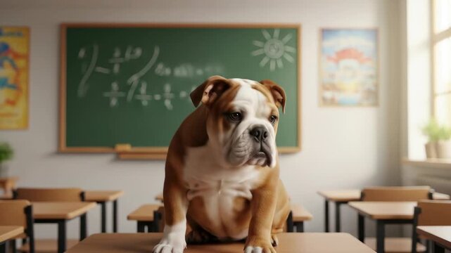 Adorable Bulldog Puppy in Classroom Setting