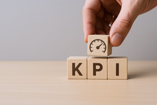 Hand Holding Small Wooden Block with Speedometer Icon Above KPI Letters on Light Wooden Surface for Business Performance Measurement