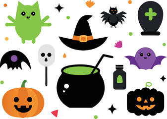 Flat Vector Illustration of a Happy Dog with Various Halloween Elements and Decorations in a Modern Style