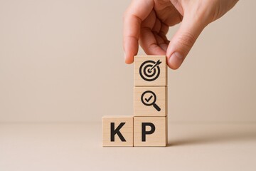 Hand Holding Wooden Blocks with and Magnifying Glass Symbols Representing Goals and Search for Success and Problem Solving