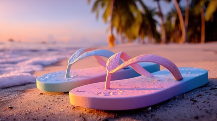 Colorful flip flops resting on sandy beach at sunset with palm trees and ocean waves in the background, relaxing tropical summer vacation scene