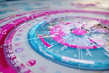 Abstract digital map design featuring vibrant pink and blue colors with circular patterns, lines, and data visualization elements for modern technology concepts