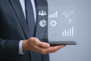 Business Professional Man in Suit Holding Digital Tablet with Data Analytics Graphs and Charts for Financial Growth and Technology Presentation