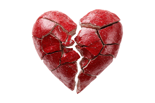 Cracked red heart shape isolated on transparent background