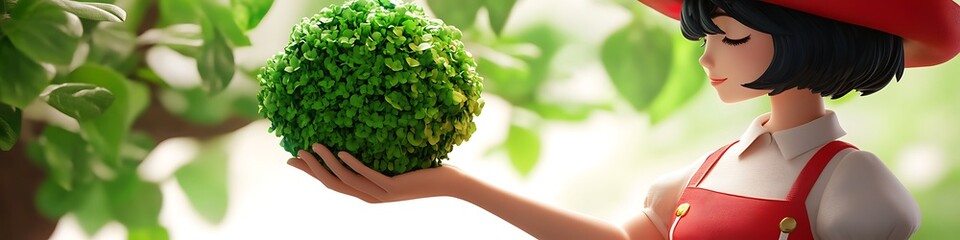 Young woman holding green globe made of moss in beautiful garden