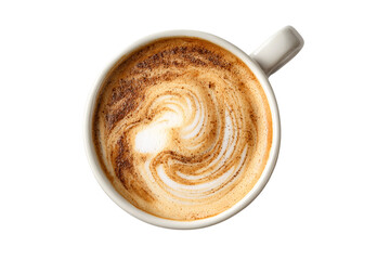 Top view of swirled latte coffee in white cup isolated on transparent background