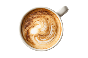 Top view of swirled latte coffee in white cup isolated on transparent background