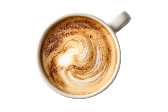 Top view of swirled latte coffee in white cup isolated on transparent background - Powered by Adobe