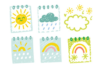 Weather Elements in Illustrations: Whimsical weather elements, including sun, clouds, rain, and rainbow, are presented in playful illustrations.