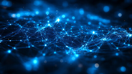 Digital blue network with glowing points and connecting lines creating futuristic mesh effect in dark space