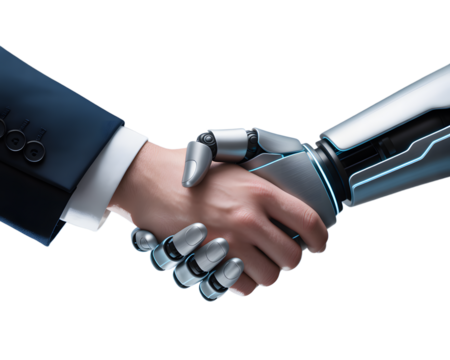 Human and Robot Handshake Representing Artificial Intelligence and Technology Partnership on Transparent Background