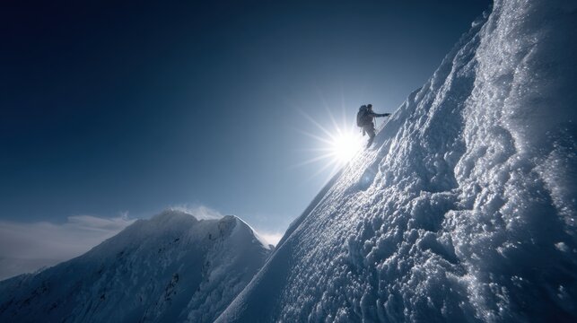 Mountain climber ascending steep icy snow-covered slope du daylight with sunburst in clear sky for adventure sport and outdoor activity