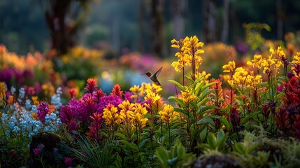 Obraz premium Colorful Hummingbird in Vibrant Flower Garden with Exotic Blooms and Natural Light