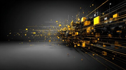 Abstract digital data flow with glowing yellow and black blocks representing technology networks and information transfer visualization