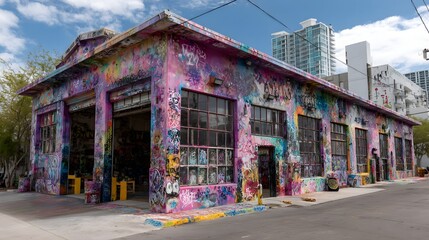 Vibrant Urban Graffiti Mural on an Industrial Building in an Urban Downtown Setting