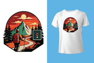 Retro vintage t-shirt design of mountain hiking. A girl is hiking mountains to get bitcoin. Trees, birds, sun, mountain, deer and the girl. Print ready poster, banner, typography and tee shirt design.