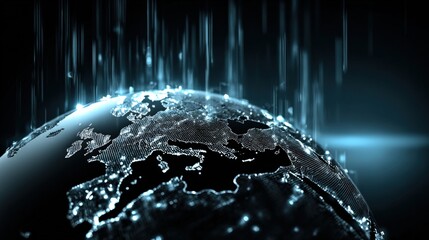 Futuristic digital globe with interconnected glowing lines and data streams in a dark space representing modern global technology and networking