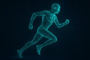 Futuristic glowing human anatomy running silhouette on dark background