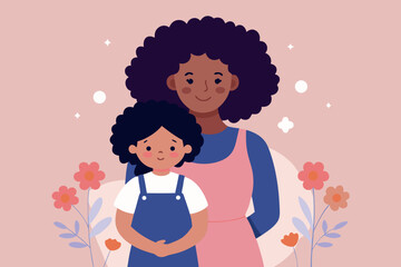 A loving mother and daughter portrait with curly hair and floral accents