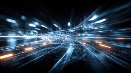 Futuristic Cityscape with Light Trails and Blurred Motion Effects Showing High Speed Data and Traffic Flow at Night