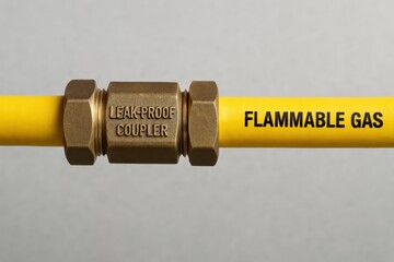 Power Production Hydrocarbon concept. Gas coupling on yellow pipe labeled flammable gas.