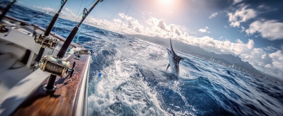 The marlin leaps majestically from the water during an exciting fishing adventure.