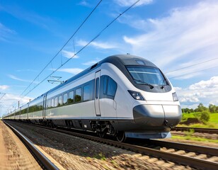 Fototapeta premium High-speed train moving on tracks under a bright sky