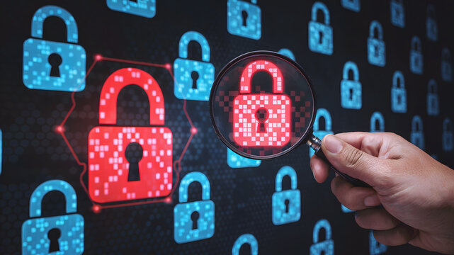 Magnifying glass reveals critical red lock amidst blue digital security grid, highlighting cybersecurity threats and data protection vulnerabilities.